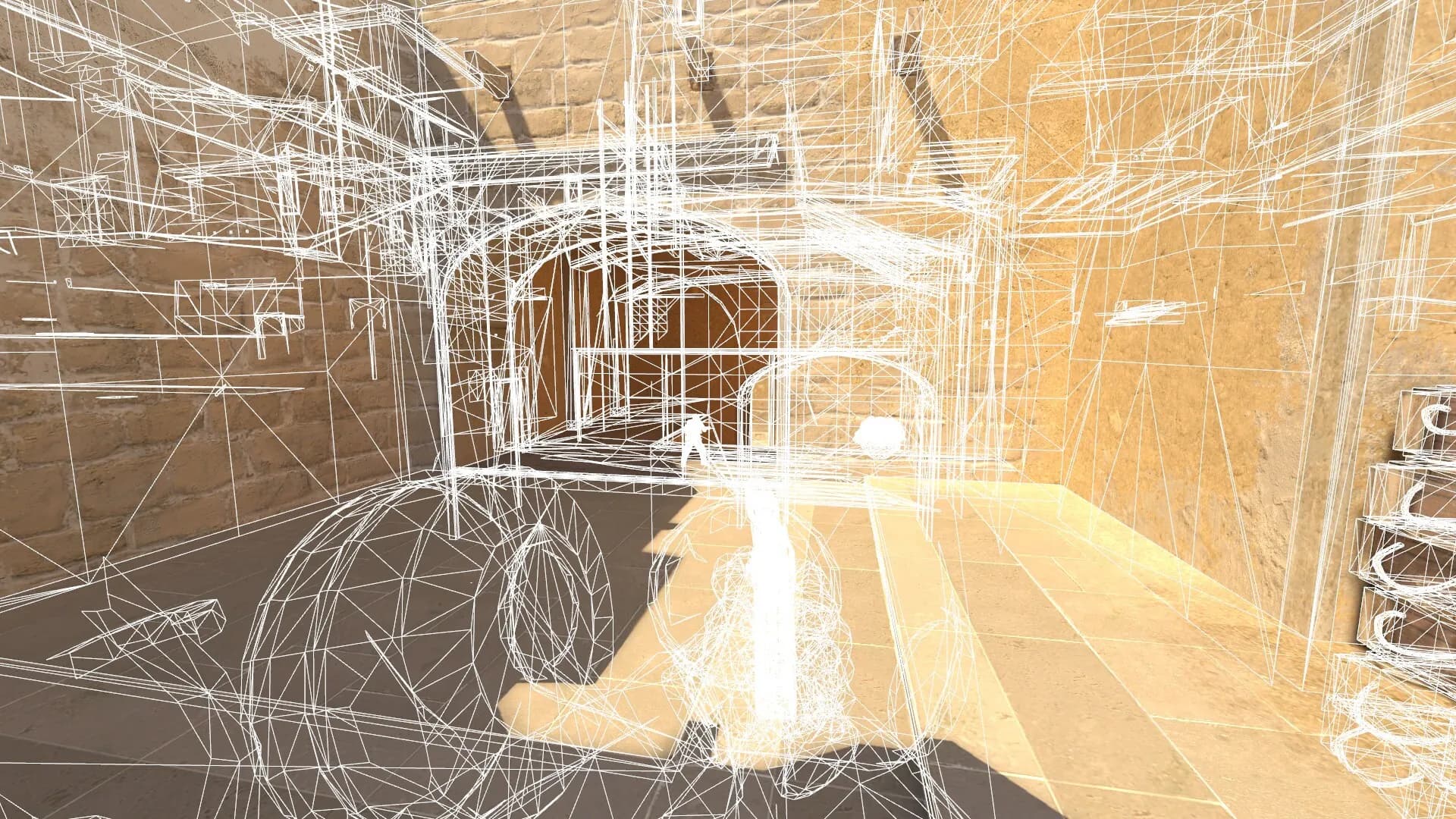 Wireframe view of a Counter-Strike 2 environment, showing level geometry and player models over a stone-walled scene.