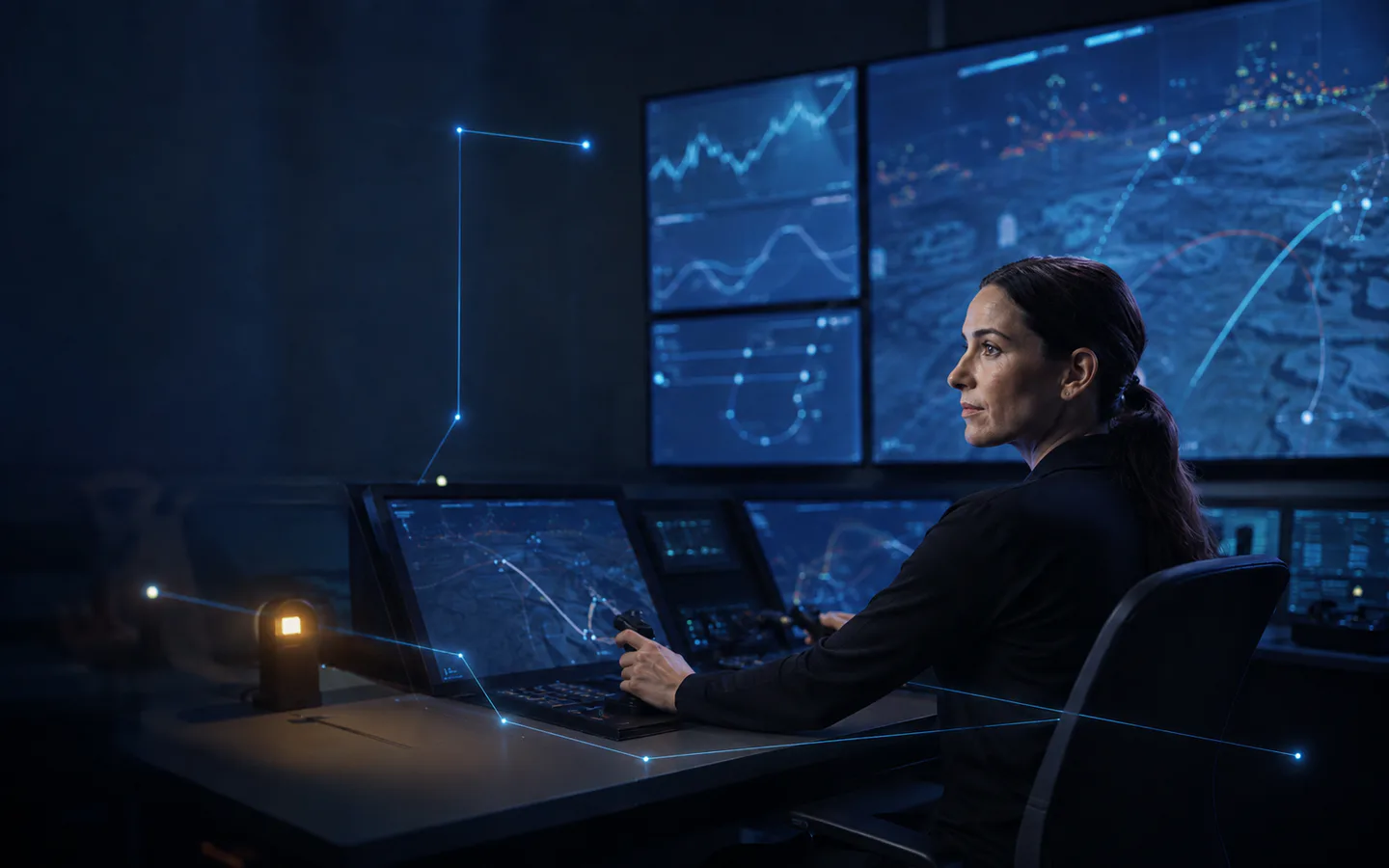 Operator training in a simulator with control displays and subtle blue data paths