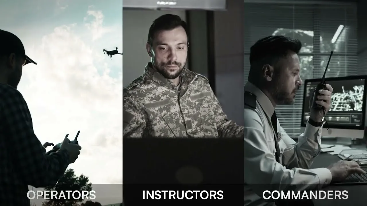 Three stills from the Dronoko film side by side, labelled operators, instructors and commanders