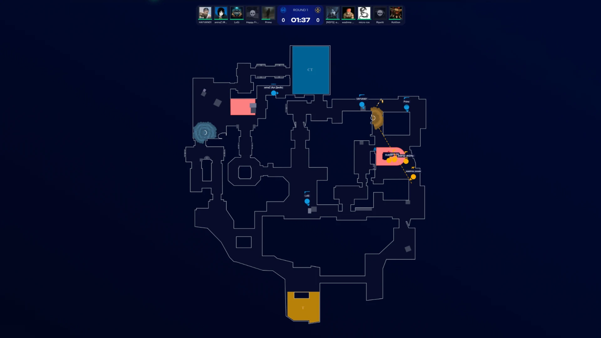 Rankacy.com 2D match map showing player positions, utility and engagements during a round