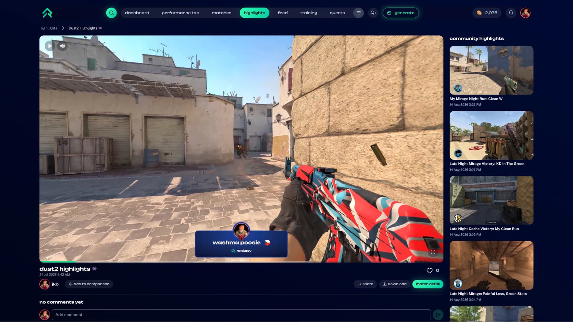 Rankacy.com highlights page showing a generated Counter-Strike 2 gameplay clip and community videos