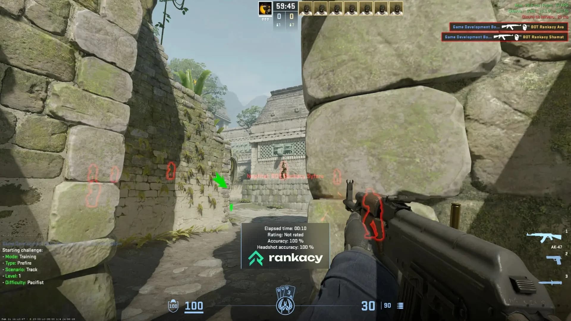 Rankacy training environment showing a Counter-Strike 2 aiming challenge against bots