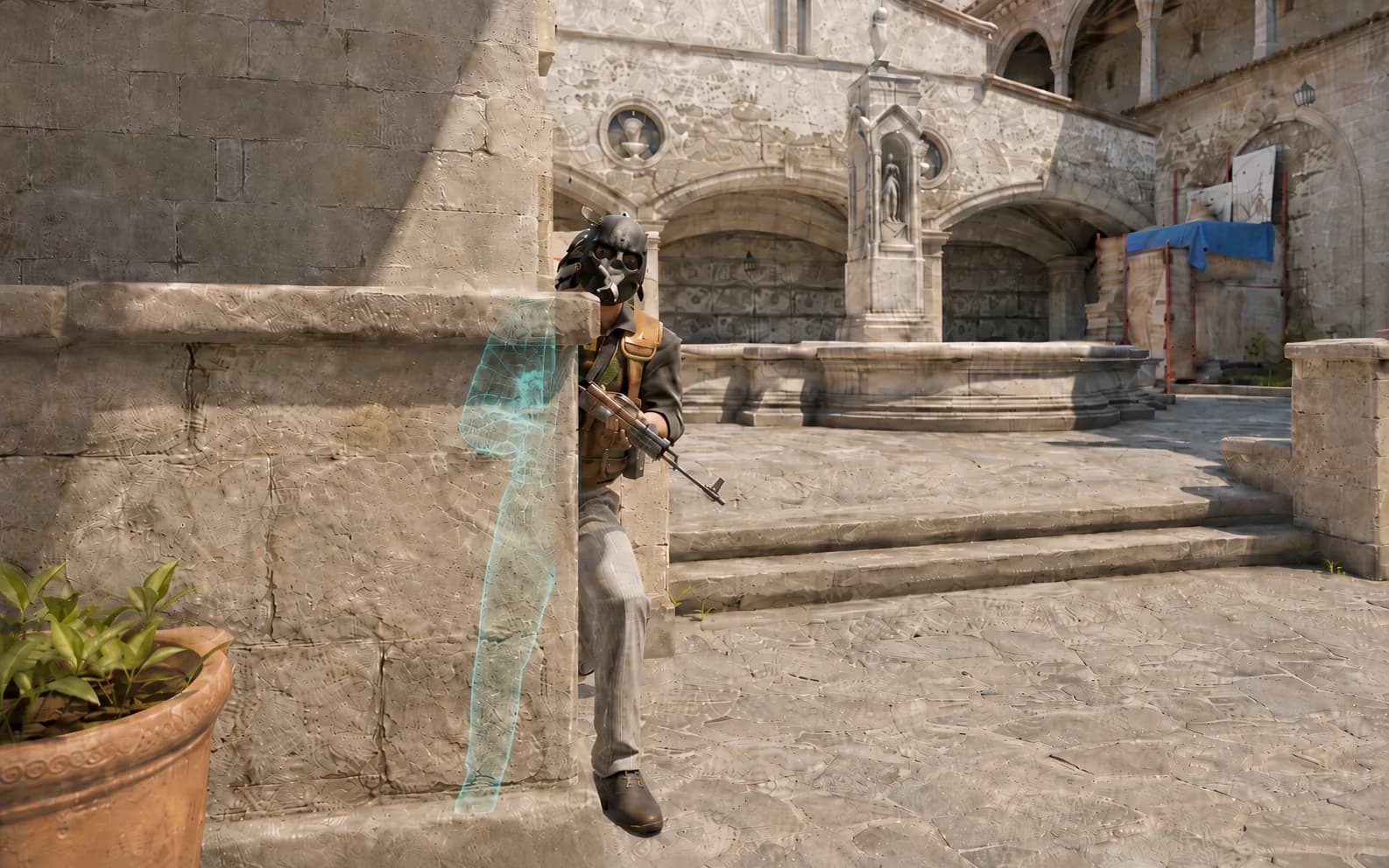 Counter-Strike player partially hidden behind a wall, with a translucent outline showing the body area detected by the Visibility Engine