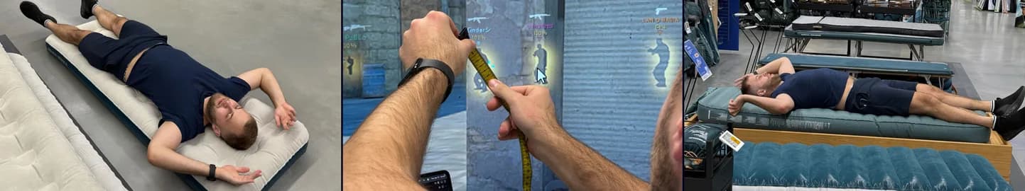 Three photos from the hackathon’s off-hours: a team member resting on an air mattress, a tape measure held up against a Counter-Strike wall on screen, and mattresses in a shop.