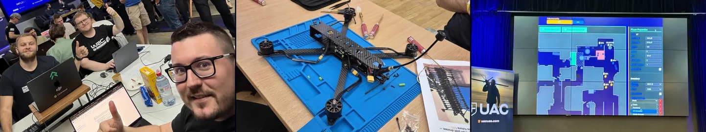 Three photos from the hackathon: the team working at laptops, a drone frame being assembled on a workbench, and a Counter-Strike map analysis on the presentation screen next to the organiser’s banner.