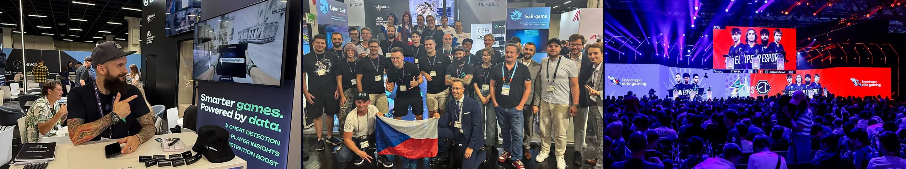 Three photos from Cologne: a conversation at the Rankacy booth under a “Smarter games. Powered by data.” screen, the Czech delegation posing with a national flag, and a packed esports stage.