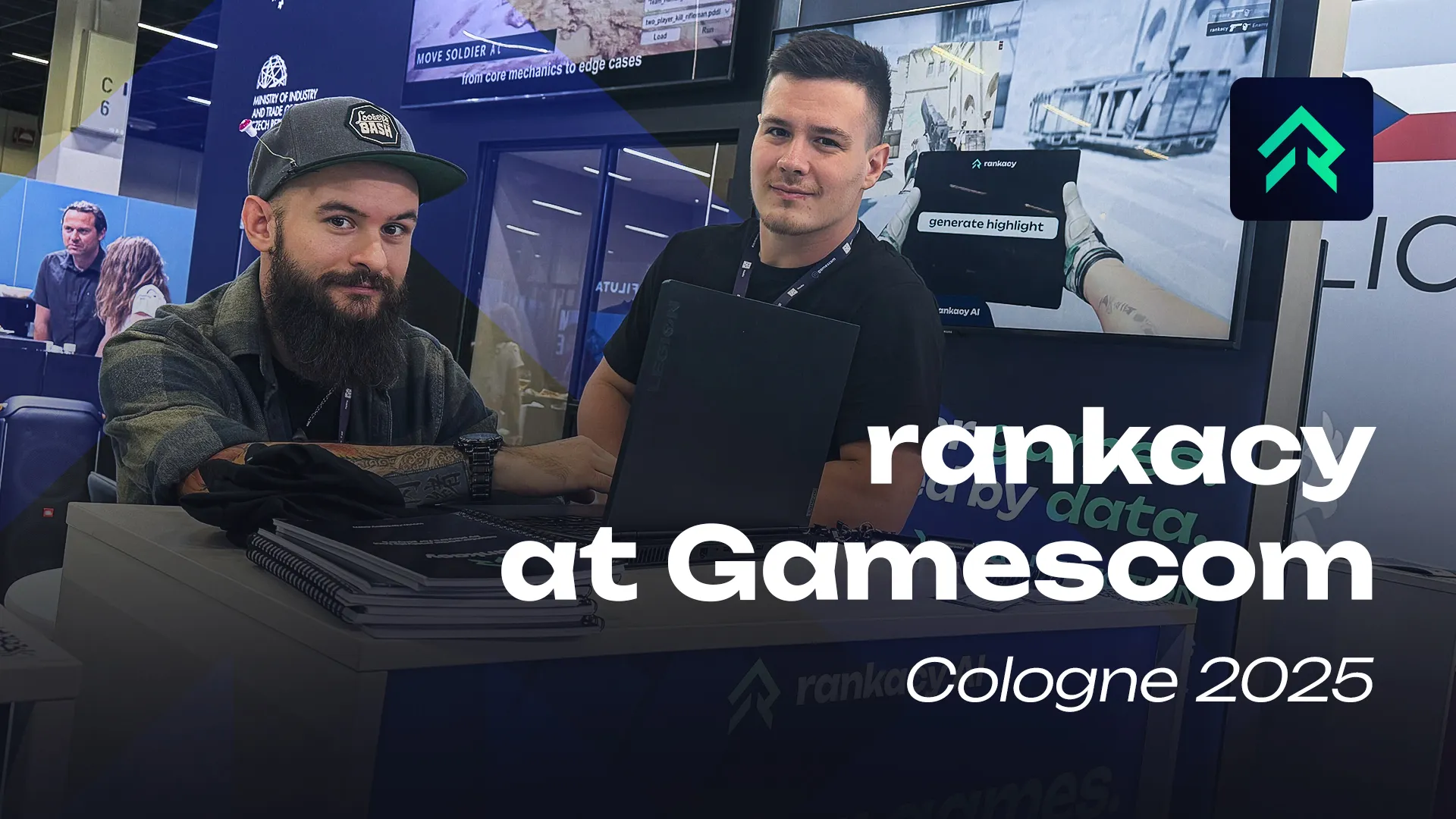Two Rankacy team members at their Gamescom booth in Cologne with a laptop and the highlight generator on screen, with the title “rankacy at Gamescom” overlaid.