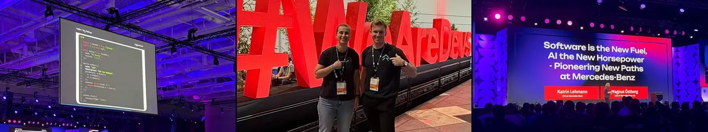 Three photos from Berlin: a live coding session projected on a large screen, two team members in front of the red WeAreDevelopers letters, and a Mercedes-Benz keynote titled “Software is the New Fuel”.